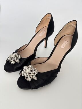GLINT Black Satin Rhinestone Floral Peep Toe Stiletto Evening Heels Women’s